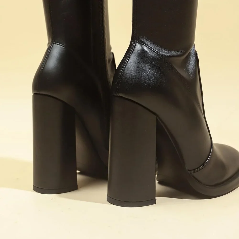 🆕Women Black Leather Over The Knee Thigh High Chunky Heel Pointed Toe Long Boot